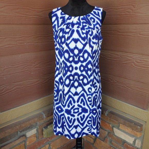 AB Studio Blue and White Geometric Women's Dress Size 12 NWOT - Picture 11 of 11